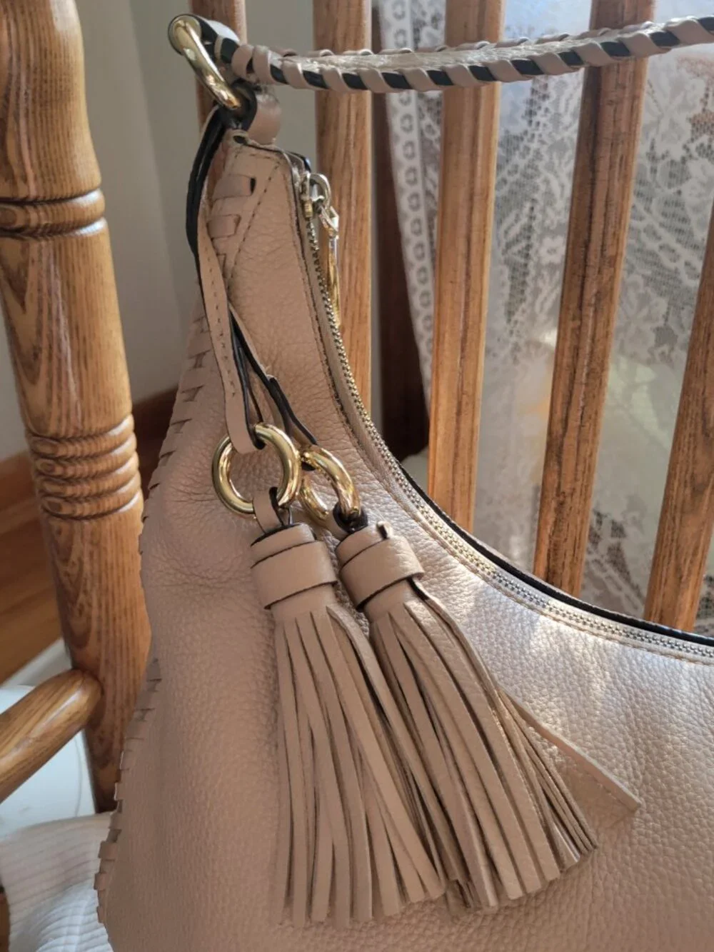 Michael Kors Lauryn Large Blush Beige Whipstitch Leather Shoulder Bag